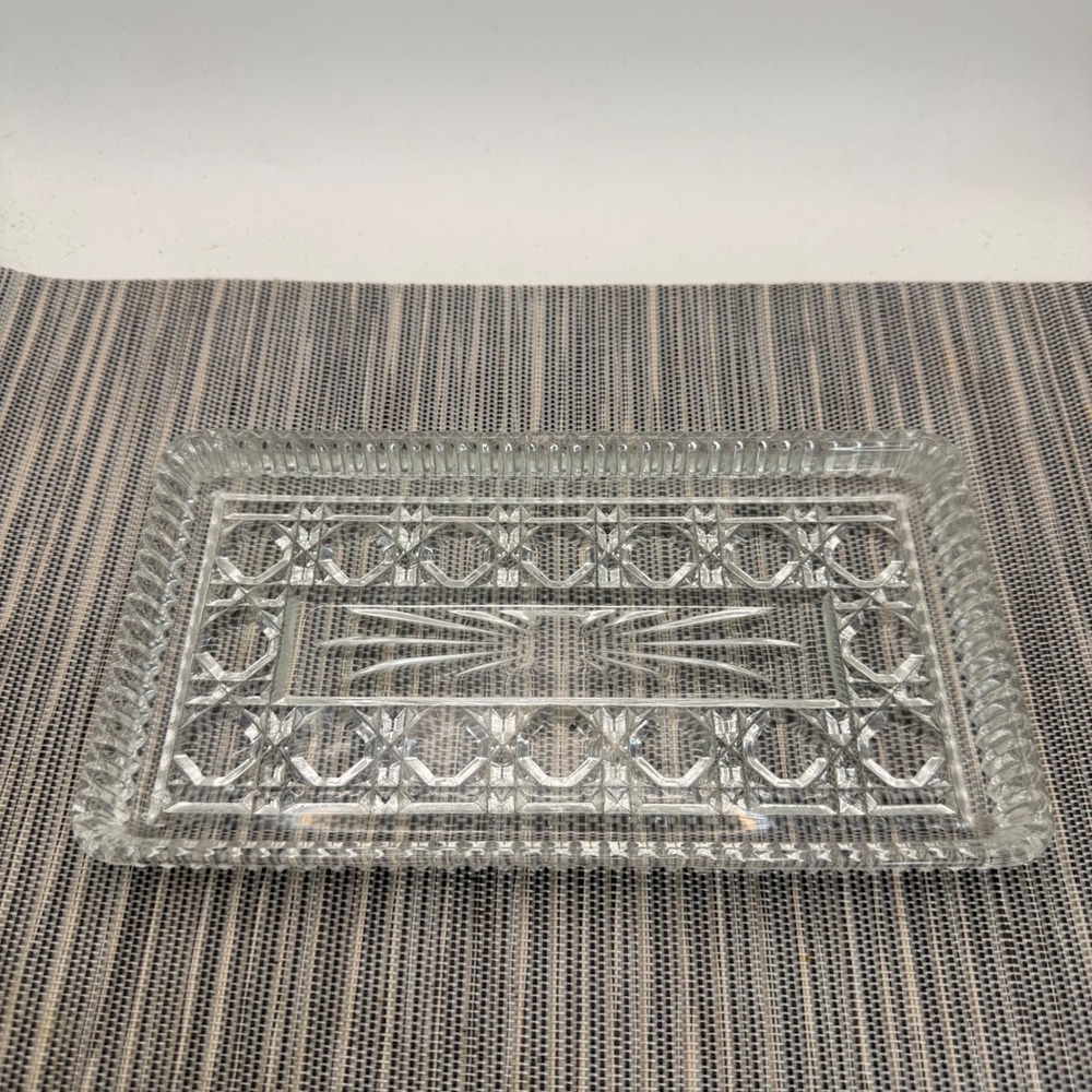 Vintage Clear Pressed Glass Rectangular Vanity Tray Sunburst Diamond 8.5in